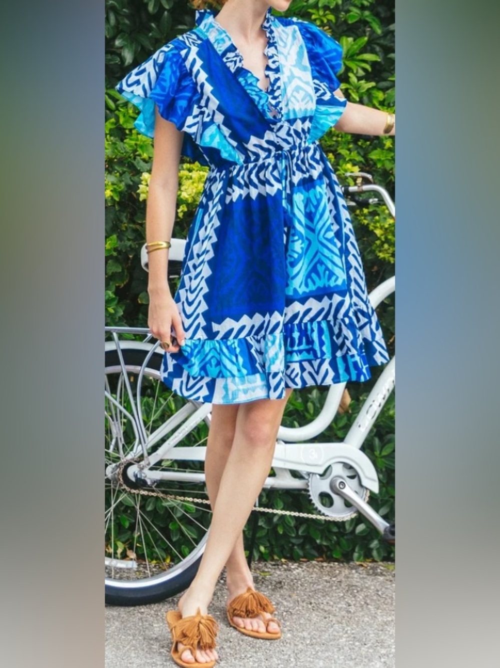 Figue Denissa Ruffle Tassel Drawstring Abstract Print Mini Dress Size L